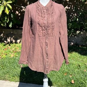 Free People Brown Ruffle Button-Down Shirt
